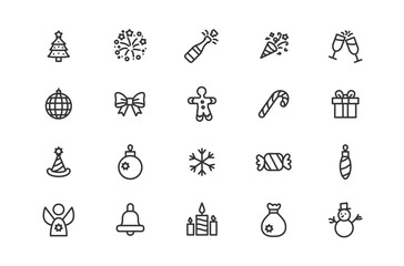 Fototapeta premium Christmas and New Year line icon set. Simple UI vector icons pack for winter holidays website, xmas presentation, party invitation, and greeting card.
