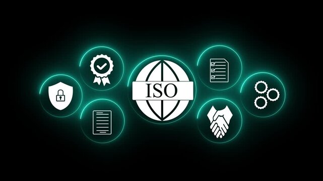 Abstract futuristic ISO certification and quality management standard concept with glowing neon blue circular lines surrounding corporate business compliance icons on a black background