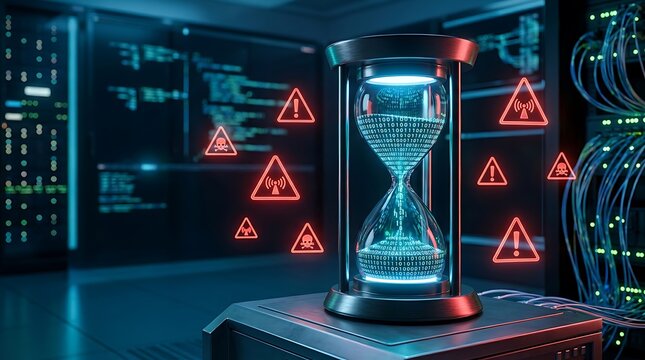 Digital hourglass with binary code data sitting on a server rack in a data center, surrounded by red warning and biohazard in a dark room