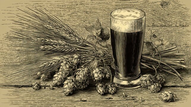 Engraved style illustration of barley, hops and a beer pint on a textured surface