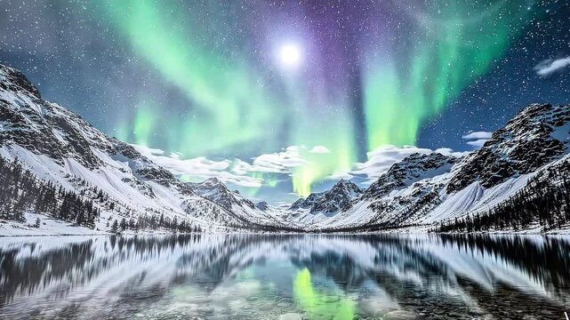 Majestic Aurora Borealis Over Snow Capped Mountains Reflected in a Serene Lake