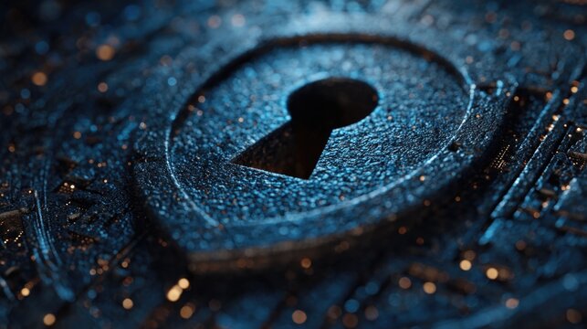 Abstract 3d render of a glowing blue shield with a keyhole, digital security and tech, tech background, professional graphic resource, 8k quality.