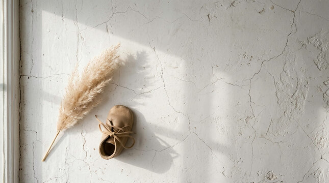 Soft leather baby bootie in warm beige tone displayed on cracked white concrete surface with dried pampas grass, natural sunlight casting gentle shadows.