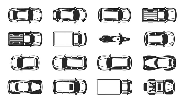 Monochrome vehicle graphics collection featuring detailed overhead perspective views of cars trucks and vans in ash gray tones for commercial design projects