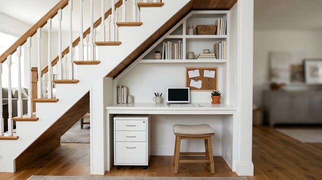 Cozy home office nook built under a staircase with a laptop desk and organized shelving unit.
