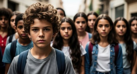 Obraz premium A young boy stands in front of a group of diverse students