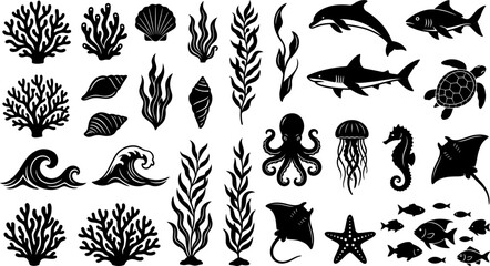 Black silhouettes of various sea creatures and plants on white background © Afia