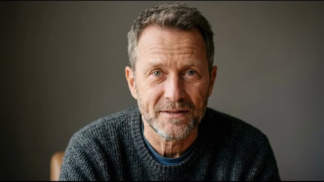 Mature man talking to camera during a web interview. Caucasian guy explaining information with hand gestures. Video conference call and online business communication.