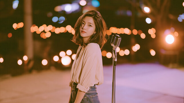 Beautiful korean female singer young woman retro microphone night portrait city lights bokeh background casual fashion street scene soft focus moody atmosphere Confident korean female singer