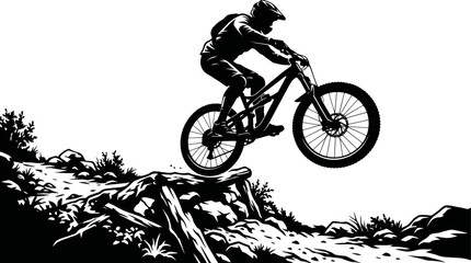 Extreme Downhill Mountain Biker Jumps Over Obstacles on a Rocky Trail Dynamic Black and White Action Illustration © Nomads Studio