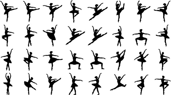 set of black silhouette ballerina dancers in various poses on white background