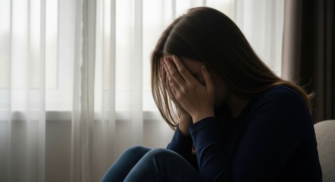 Woman crying and covering her face with her hands