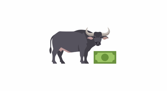 Illustrated water buffalo with green currency symbol.