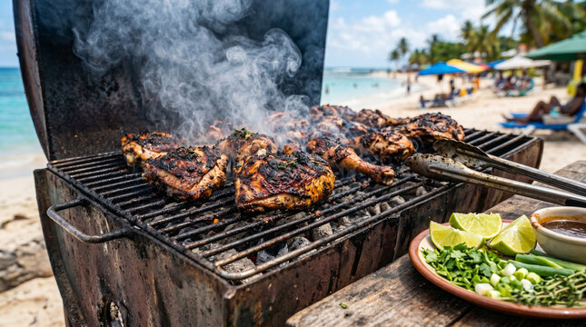 Barbecue jerk chicken grilling on tropical sandy beach