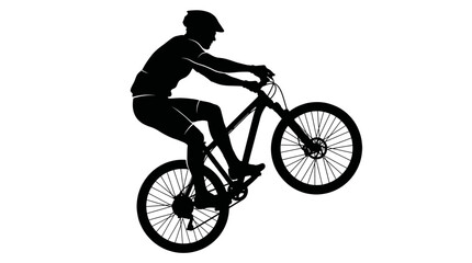 Naklejka premium Silhouette of a Mountain Biker Performing a Wheelie Trick on a Bicycle on a White Background