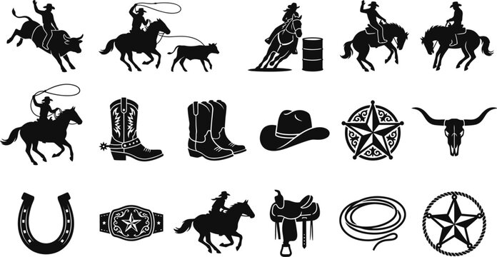 black and white cowboy icons set including horses and western accessories  cowboy silhouettes