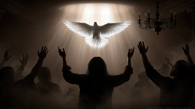 Holy spirit dove light worship prayer people silhouette church faith miracle Holy spirit dove descends radiant light above praying crowd dark church interior, worship hands raised awe