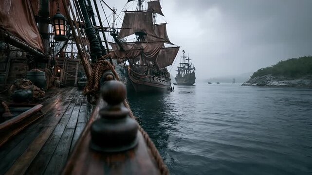 Europe medieval lifestyle. A moody, atmospheric portrayal of a maritime scene. A wooden ships deck is the main subject, adorned with ropes, masts, and lanterns.