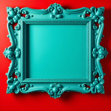 A large teal ornate frame sits on a red wall background