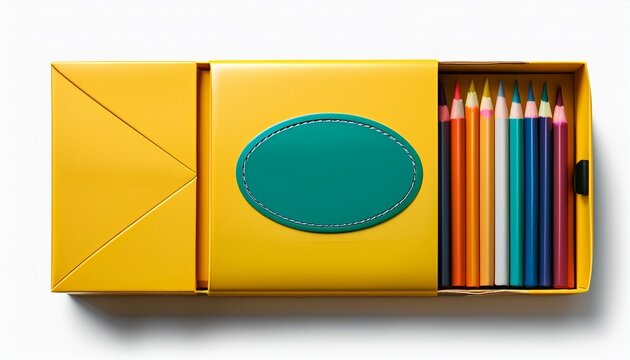 yellow cardboard crayon box with colored crayons and teal oval label cutout transparent