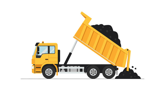 Yellow Dump Truck Unloading Black Material Vector Illustration Isolated on White Background - Industrial Tipper Truck for Construction, Hauling, and Logistics Services