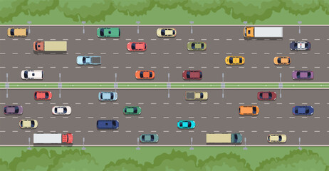 Naklejka premium Top view of busy highway traffic congestion. Vector illustration.