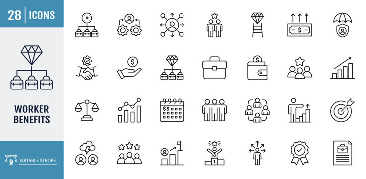 Worker Benefits icons set. including bonuses, paid vacation, Health insurance, social security, career, pension, paid vacation. editable stroke. vector illustration