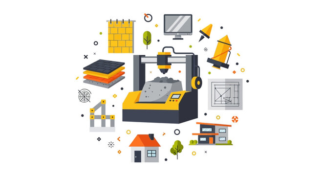 3D Concrete Printing and Automated Construction Technology Illustration with Modern House Models and Blueprints