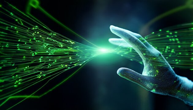 close up of a futuristic digital hand interacting with glowing green data streams for artificial intelligence concept and advanced technology