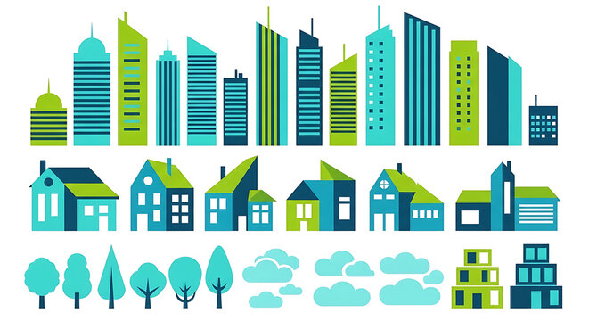 Set of modern flat city buildings and houses with clouds and trees isolated on white background real estate buildings architecture skyscrapers residential neighborhood cityscape infrastructure