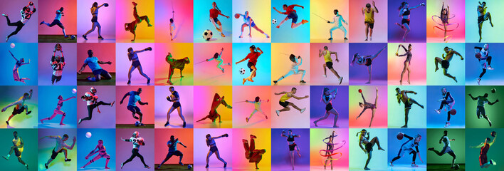 Obraz premium Wide sports collage with athletes jumping and competing. Concept of sports advertising, athletic power, competition, fitness media and colorful banner design.