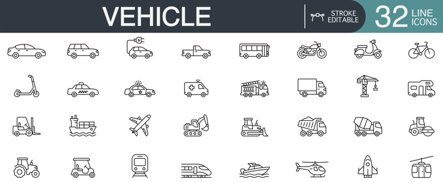 Vehicle and transportation line icon vector set including cars, trucks, public transit, emergency services, logistics delivery, and heavy construction machinery.