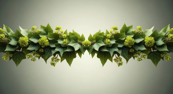 Symmetrical garland of green ivy leaves and hop flowers