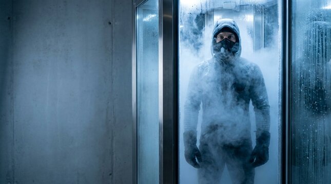 Man in protective gear standing inside a cryogenic chamber with cold mist and ice