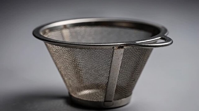 A metal mesh strainer sits on a smooth surface with a soft shadow.