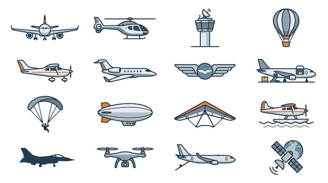 Detailed collection of modern aerial transportation vehicles including futuristic drones cargo airships passenger air taxis delivery UAVs and electric VTOL aircraft with sleek designs for ur