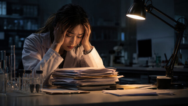 A scientist in a lab coat sits at a desk, visibly stressed, surrounded by stacks of paperwork and laboratory equipment. Late-night research struggles.