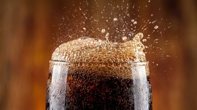 Refreshing cola splash in a glass with frothy bubbles and droplets in motion