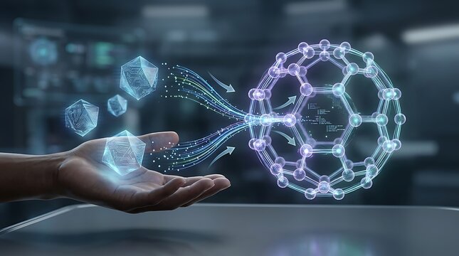 Human hand reaching towards floating molecular structure and geometric data shapes in advanced scientific research laboratory digital environment