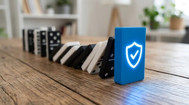 Insurance protection concept with blue shield stopping falling dominoes on wooden desk representing risk management and financial security