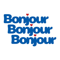 Repeated blue Bonjour typography text with cute red hearts. French greeting illustration in retro Y2K coquette aesthetic. Perfect for t-shirt design, posters, and fashion apparel. © gorgang