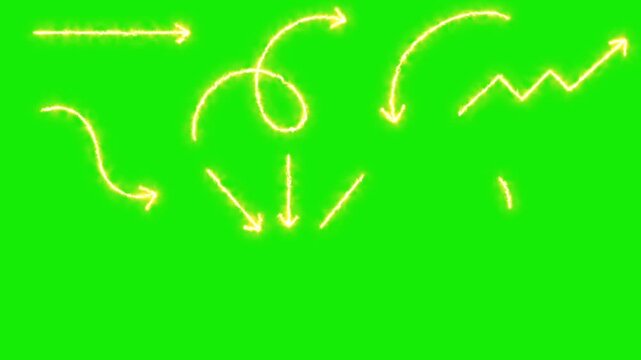 Hand drawn animated energy glow arrows pack isolated on green screen background chroma key visual effects elements