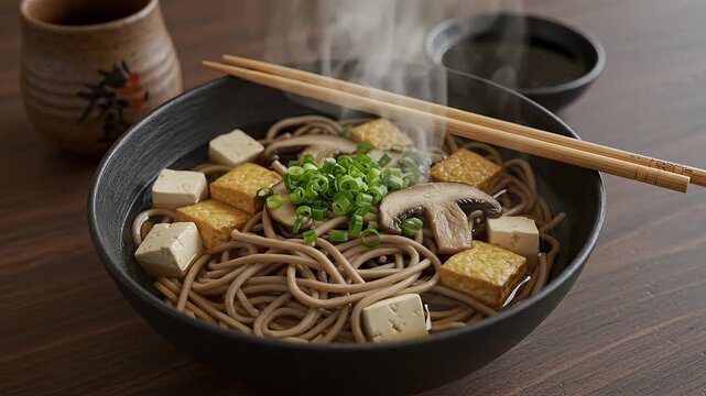 Hot soba noodle soup with tofu, mushrooms, and herbs