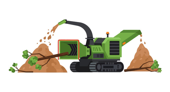 Industrial Wood Chipper Machine Processing Logs into Mulch Vector Illustration