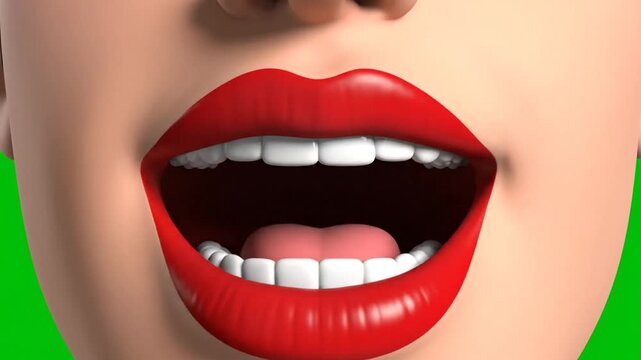 A close-up portrait of a woman's face showing her smiling with red lips and white teeth.