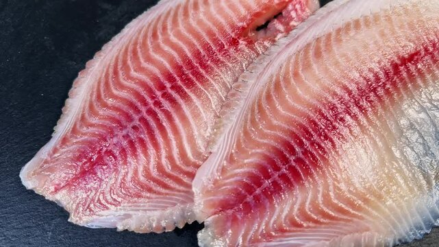 Two raw defrosted tilapia filet on black flat slate plate