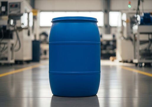 Large blue plastic barrel standing on the floor of a modern industrial manufacturing factory. plastic drum mockup