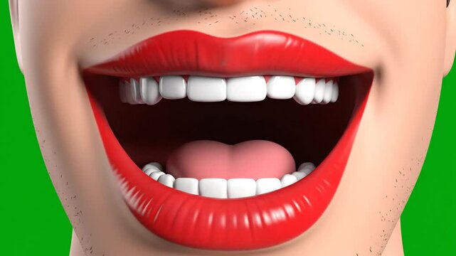 A close-up shot of a woman's mouth with red lipstick showing white teeth and a pink tongue in a bright environment.