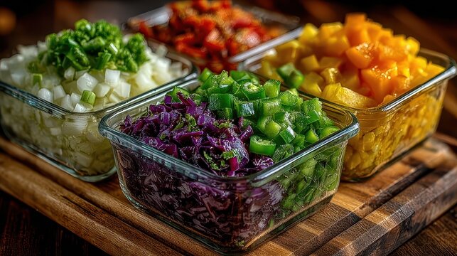 Assorted colorful chopped vegetable relish in glass bowls on wooden cutting board for healthy eating