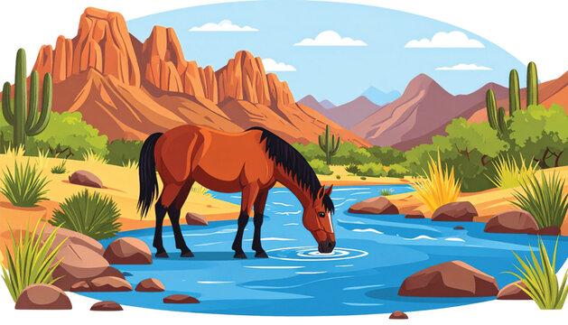 Brown Horse Drinking from River Water.